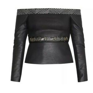 NWT BCBGMaxAzria Faux Leather off Shoulder Peplum Top with Sequins